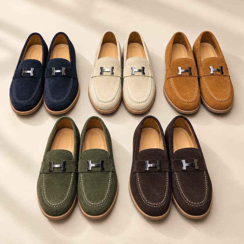 Premium Genuine Leather Slip-On Loafers for Men – H-Style Metal Detail, Handmade TPR Sole