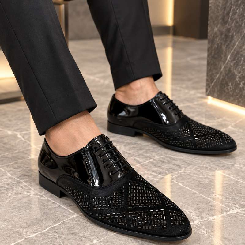 Premium Imported Black Studded Mirror Work Formal Shoes for Men – Handmade | Durable TPR Sole