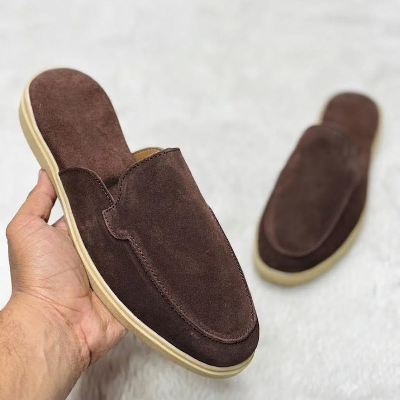 Men's Premium Leather Slip-On Mules – Genuine Suede Backless Loafers with Handmade TPR Sole