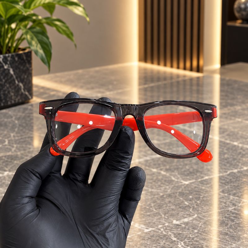 Premium Square Eyeglasses with Transparent Smoke Grey Frame & Neon Orange Temples