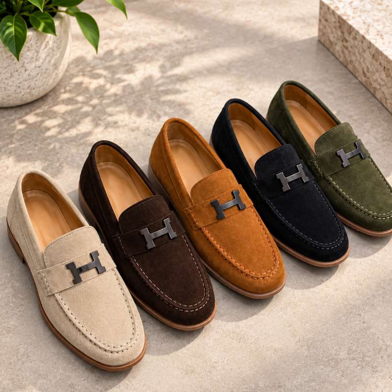 Premium Genuine Leather Slip-On Loafers for Men – H-Style Metal Detail, Handmade TPR Sole