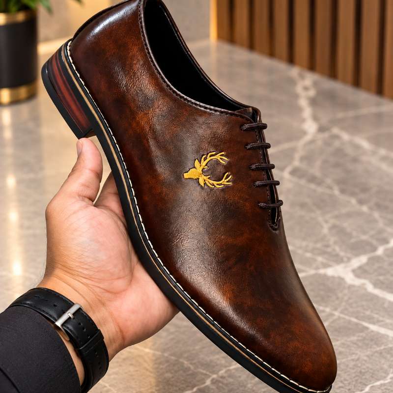 Premium Black Lace-Up Formal Shoes for Men – Embroidered Gold Emblem
