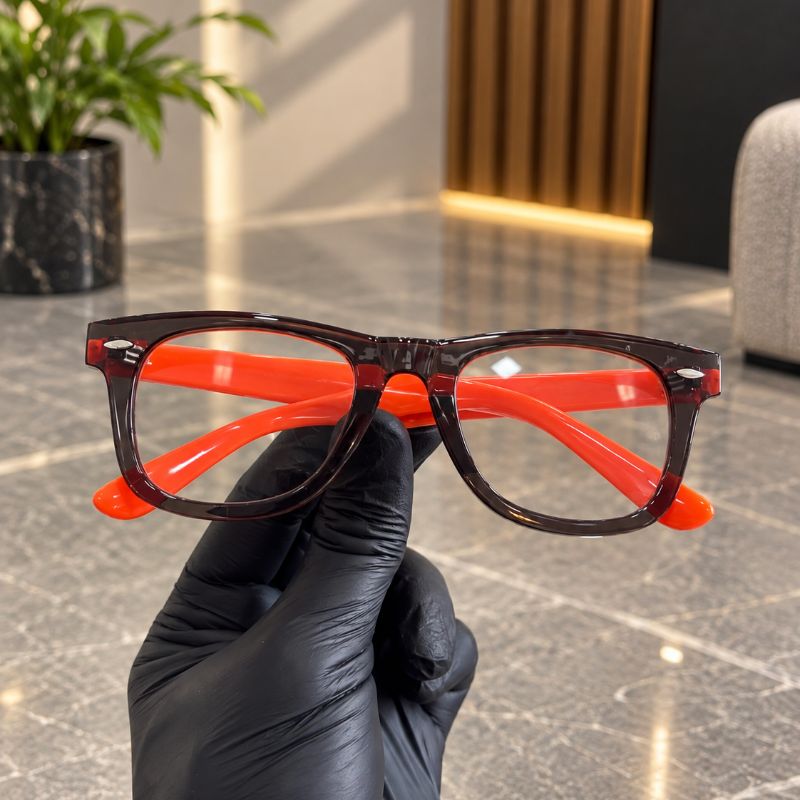 Premium Square Eyeglasses with Transparent Smoke Grey Frame & Neon Orange Temples