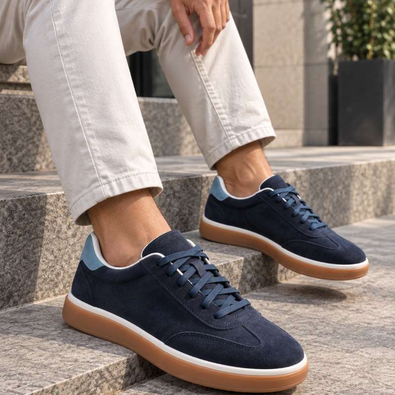 Premium genuine Indian leather sneakers for men with a stylish low-top design, handmade TPR sole and comfortable inner lining. Available in UK 6–UK 10.