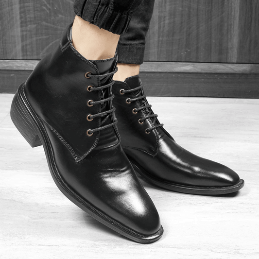 High Ankle Height Increasing Black Casual And Outdoor Boots With Lace-Up Pattern-Jonasparamount