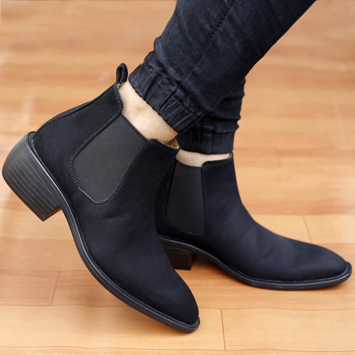Height Increasing Suede Material Black Casual Chelsea Boots For Men-JonasParamount
