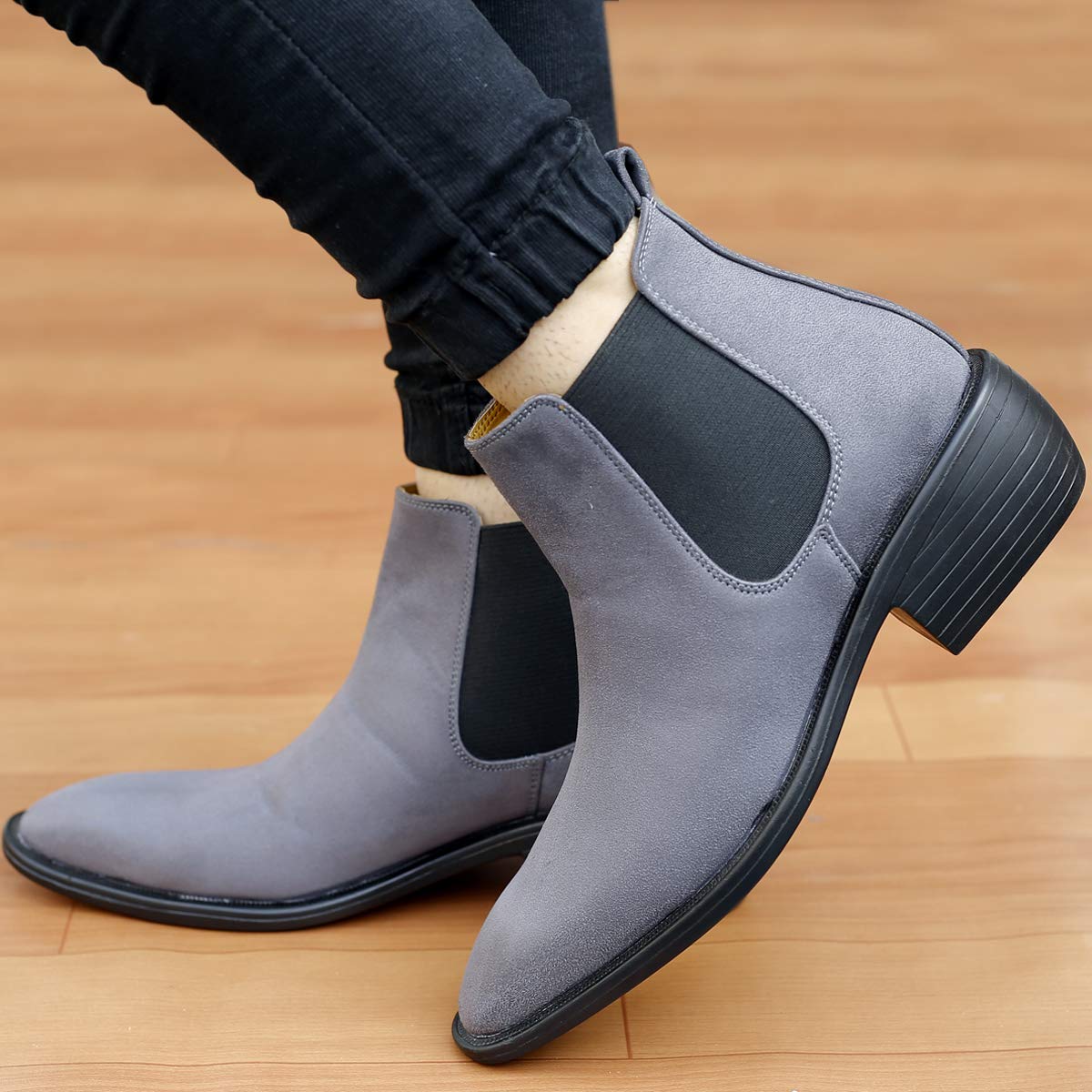 Height Increasing Suede Material Grey Casual Chelsea Boots For Men-JonasParamount