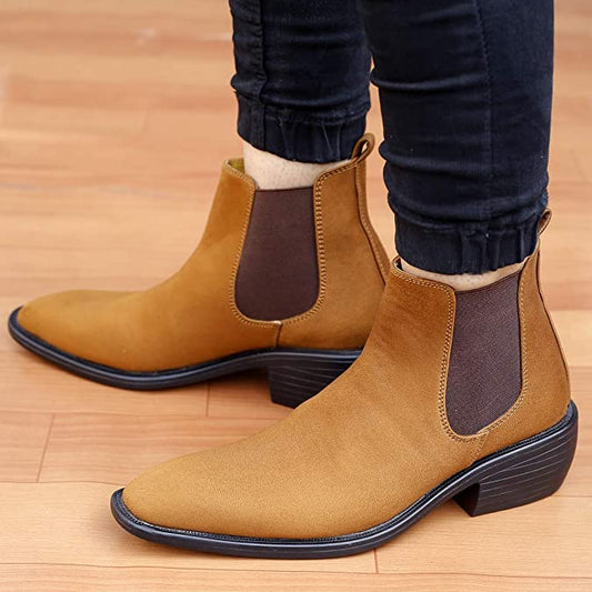 Height Increasing Suede Material Tan Casual Chelsea Boots For Men-JonasParamount
