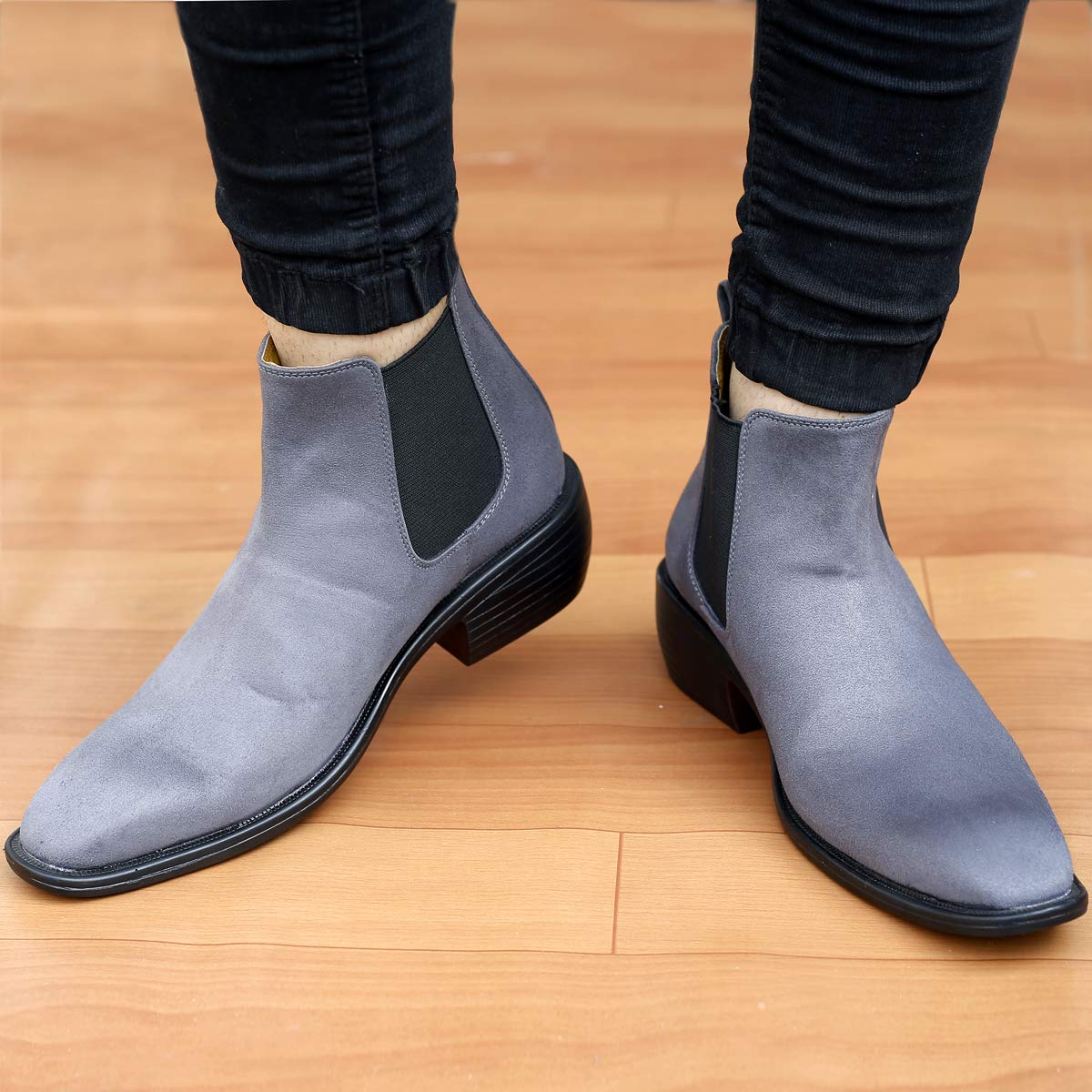 Height Increasing Suede Material Grey Casual Chelsea Boots For Men