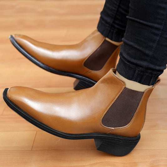 Classy Hight Ankle Height Increasing Tan Chelsea Boots For Men-JonasParamount