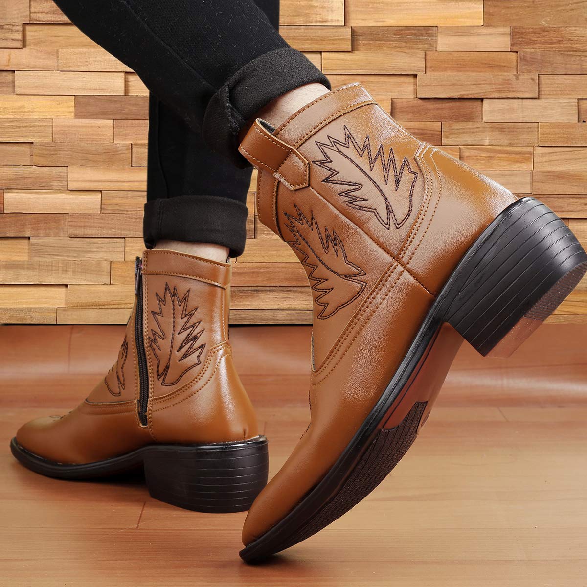 Stylish High Ankle Tan Casual And Formal Boot With Leaf Pattern-JonasParamount