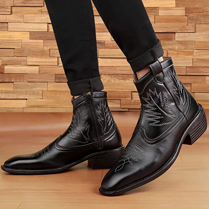 Stylish High Ankle Black Casual And Formal Boot With Leaf Pattern-JonasParamount