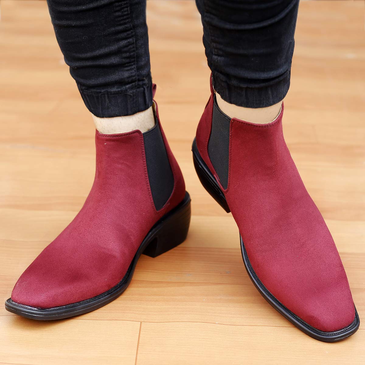 Height Increasing Suede Material Red Casual Chelsea Boots For Men-JonasParamount