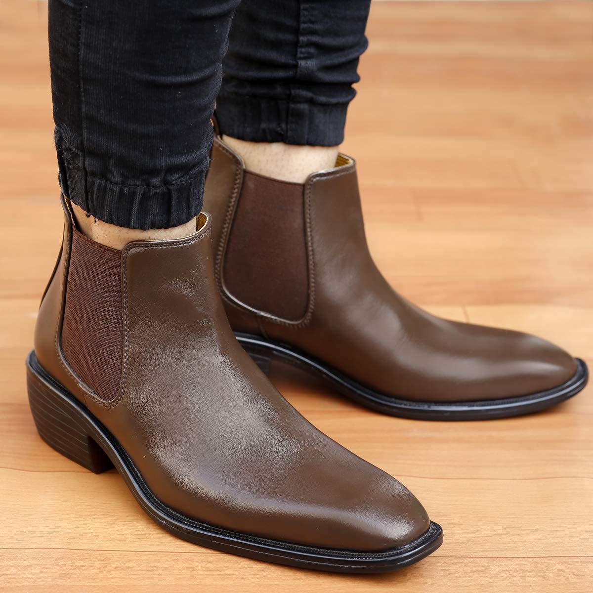 Classy Hight Ankle Height Increasing Brown Chelsea Boots For Men-JonasParamount