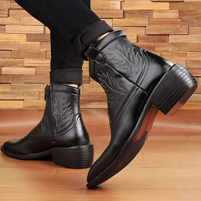 Stylish High Ankle Black Casual And Formal Boot With Leaf Pattern-JonasParamount