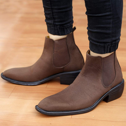Height Increasing Suede Material Brown Casual Chelsea Boots For Men-JonasParamount