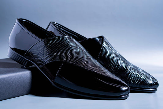 Classic Patent Black Slip Ons With Tassels For Men-JonasParamount